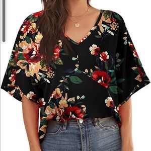 Feiersi Women’s Chiffon V Neck Batwing Short Sleeve Summer Blouse - Brown Floral